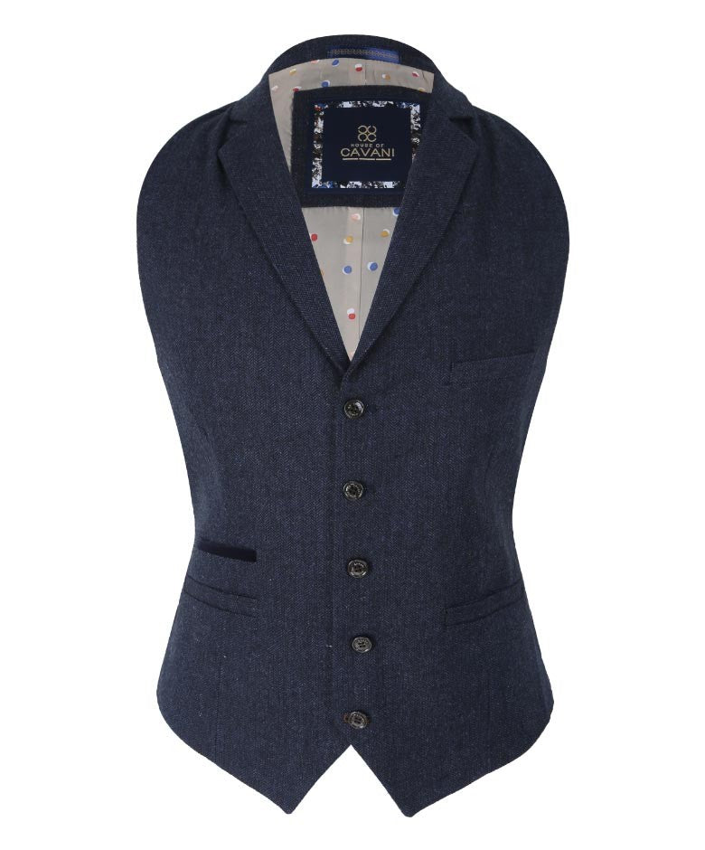 Mens Navy Herringbone Tweed Slim Fit Waistcoat MARTEZ