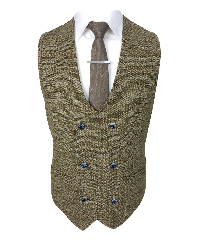 Mens brown tweed check double breasted waistcoat Ascari