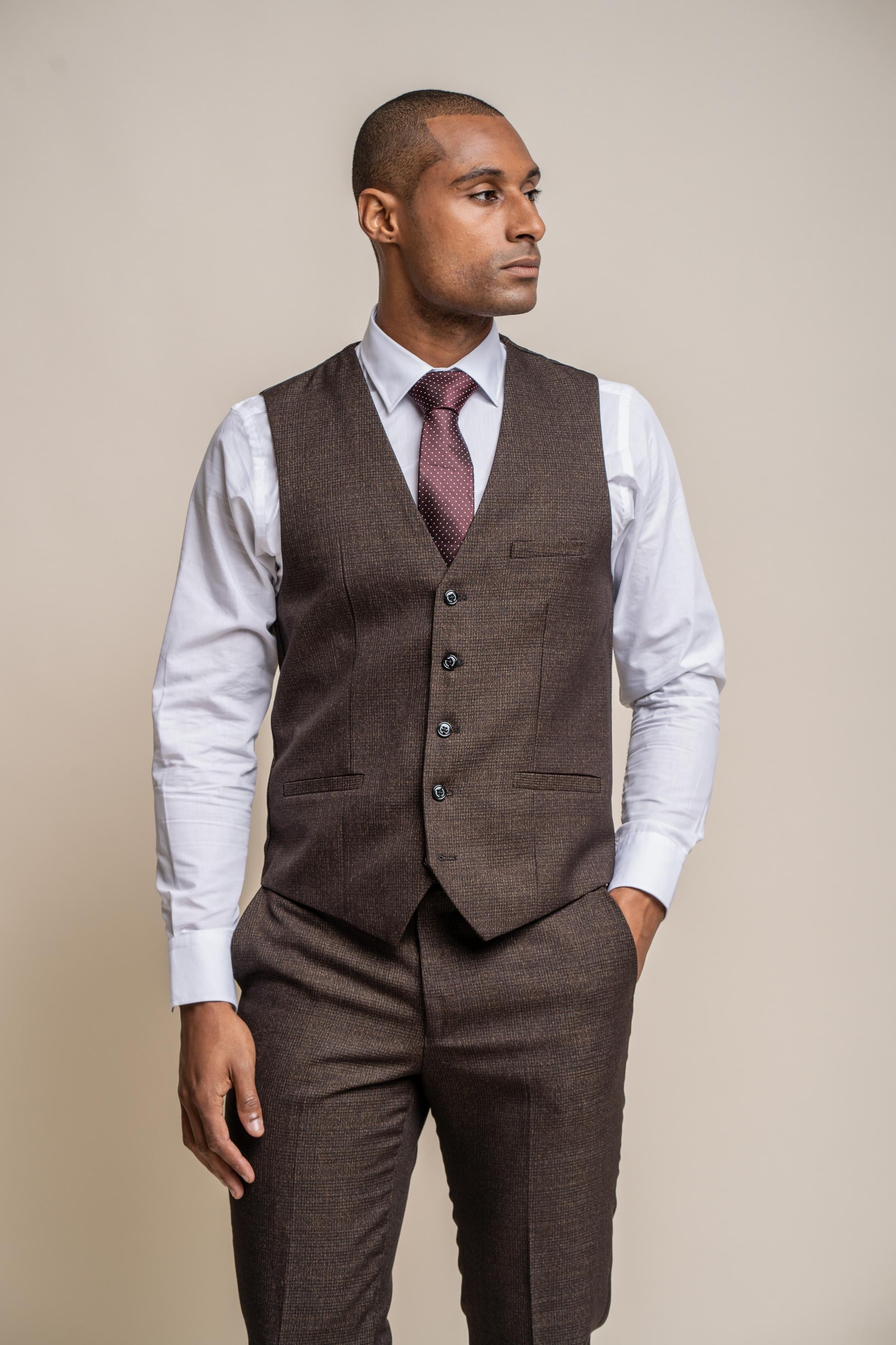 Mens brown tweed glen check slim fit formal waistcoat Caridi