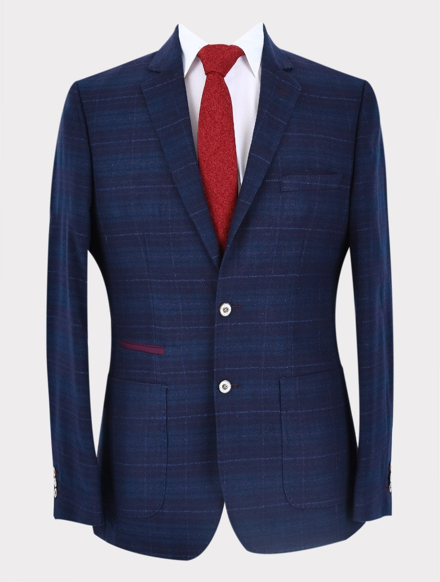 Mens dark blue tweed check slim fit blazer COSTELLO classic cut