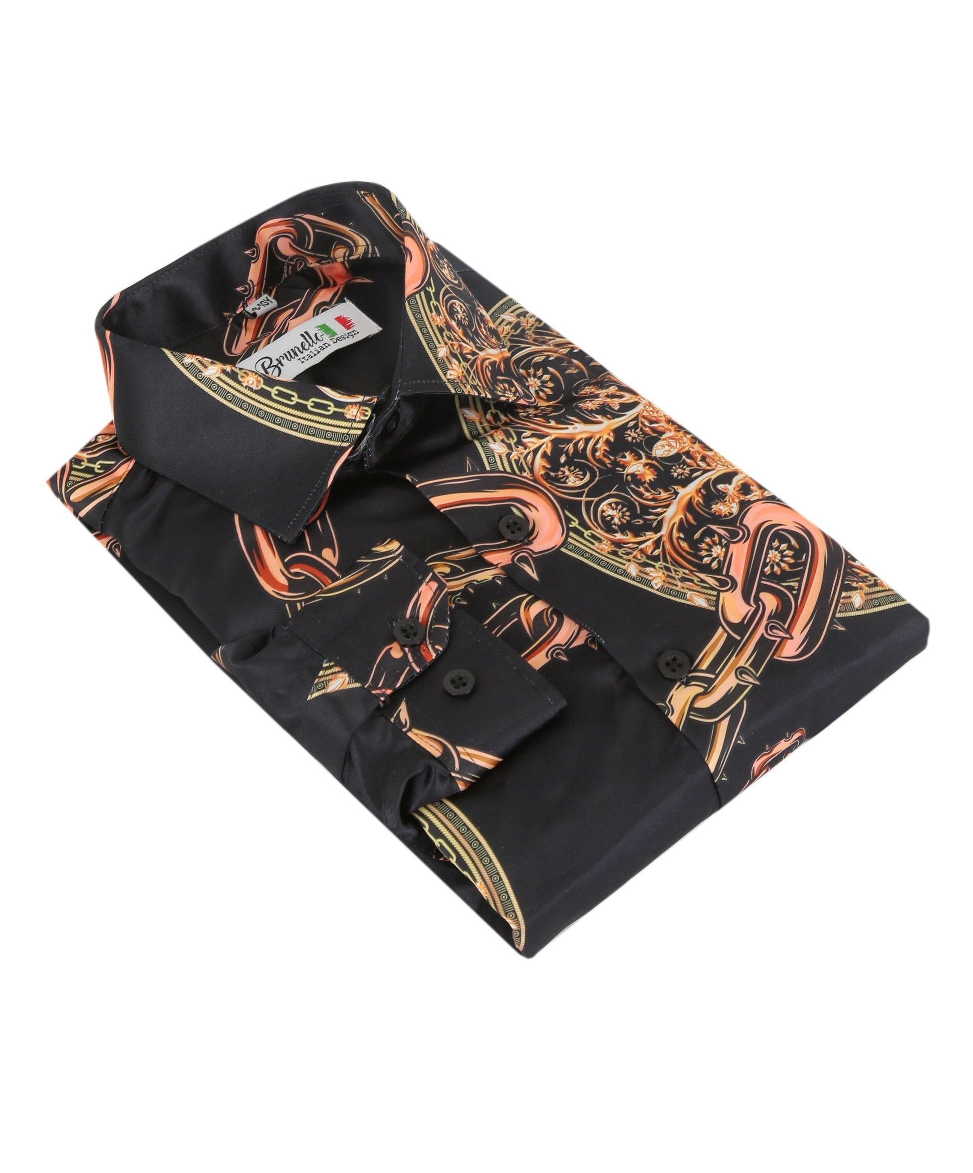 Mens Black And Orange Satin Printed Long Sleeve Shirt