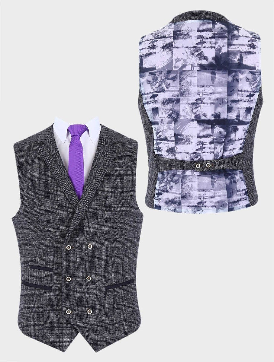 Mens Grey Tweed Houndstooth Check Waistcoat