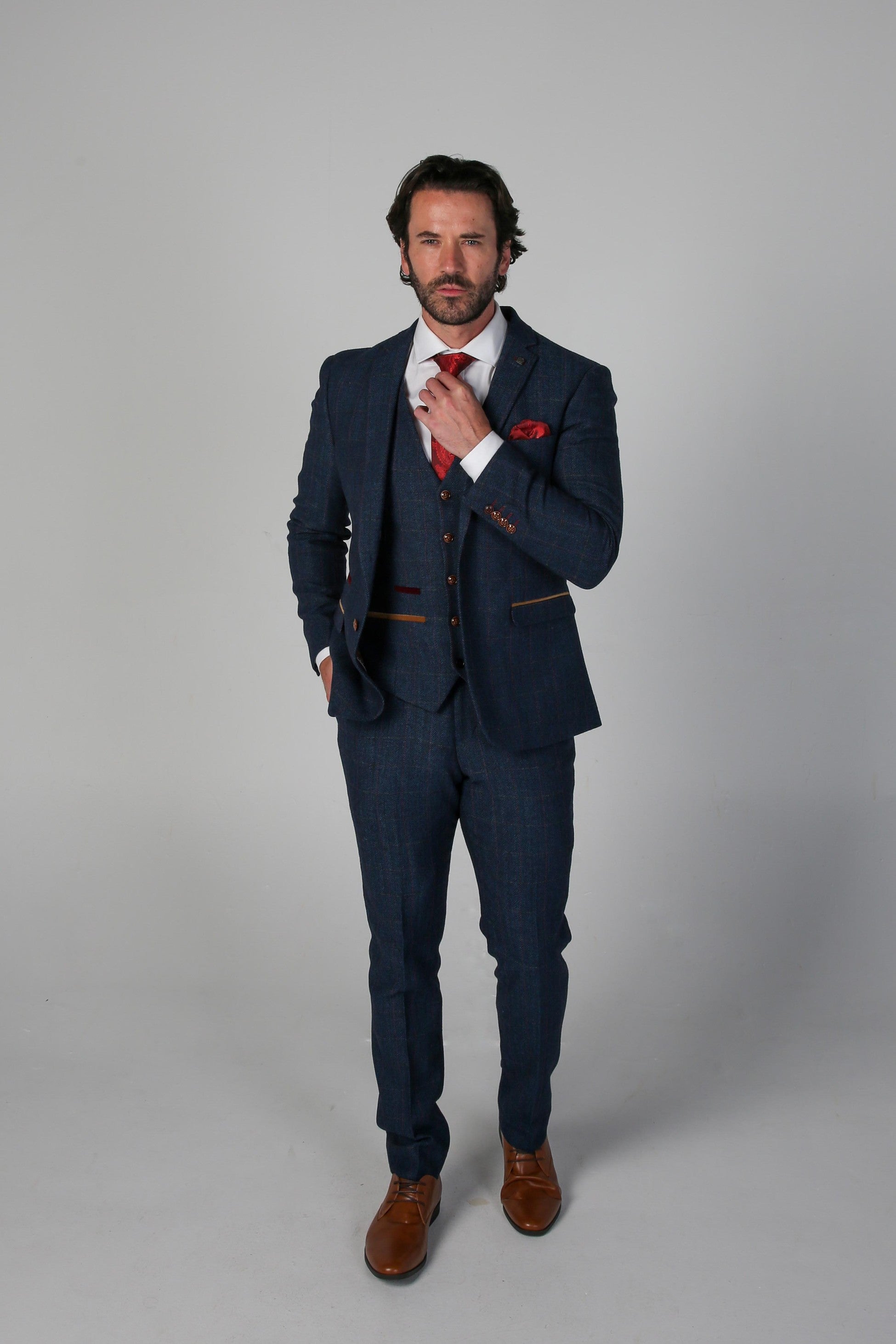 Men's Scott Navy Blue Herringbone Tweed Tailored Fit Suit