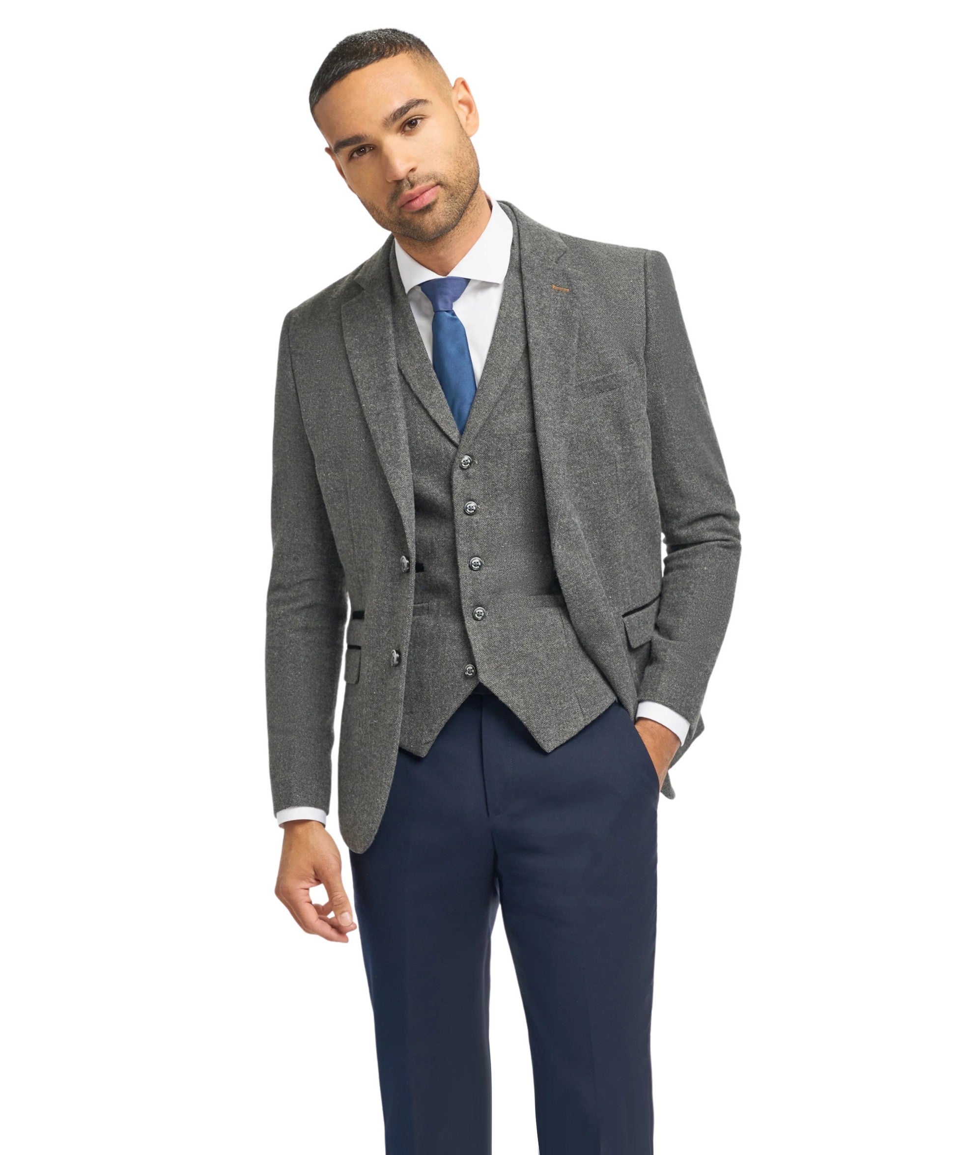 Grey Herringbone Tweed Men's Jacket and Waistcoat with Slim Fit Navy Blue Trousers