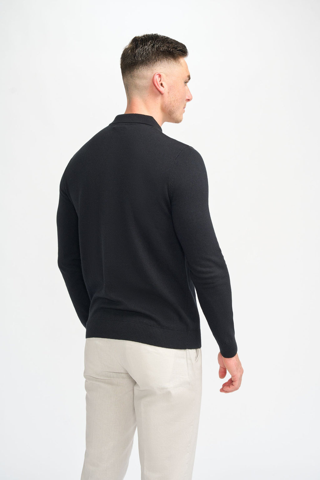 Mens Black Wool Knit Long Sleeve Polo Shirt BOOM