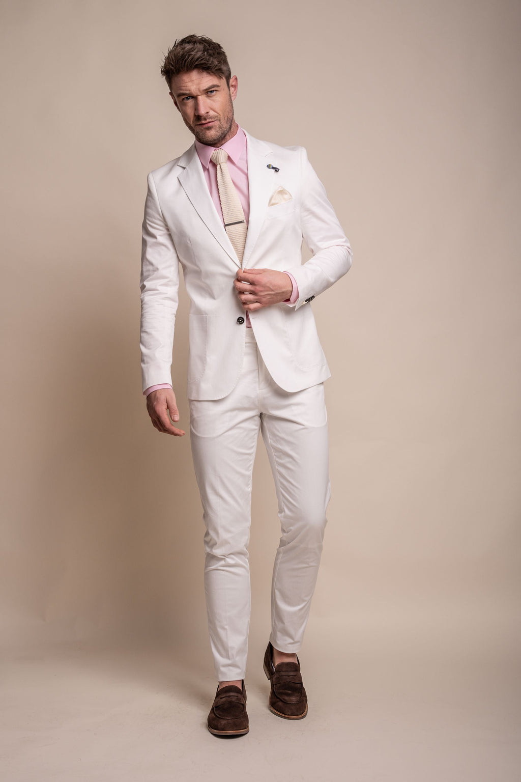 MARIO Ecru Men's Cotton Slim Fit Formal Suit