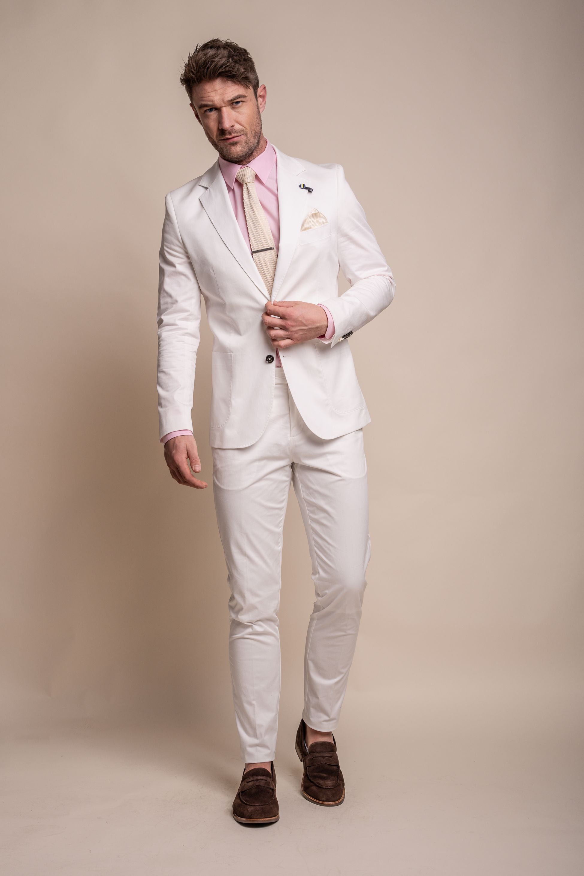 MARIO Ecru Men's Cotton Slim Fit Formal Suit