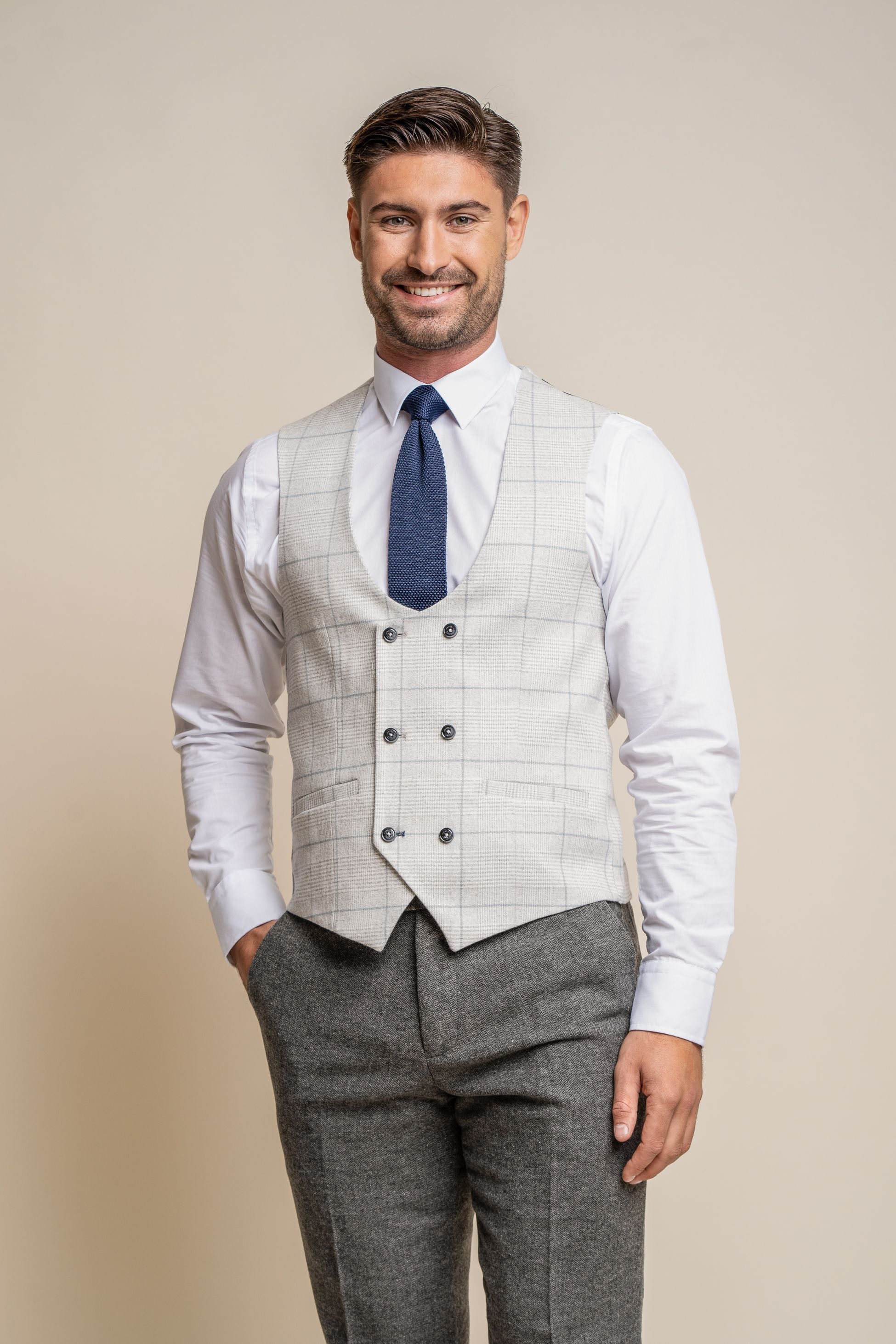 Men's Martez-Radika Herringbone Suit with Double-Breasted Waistcoat Set