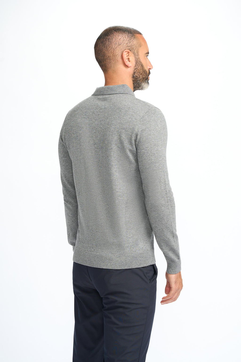 Mens Grey Wool Knit Long Sleeve Polo Shirt BOOM