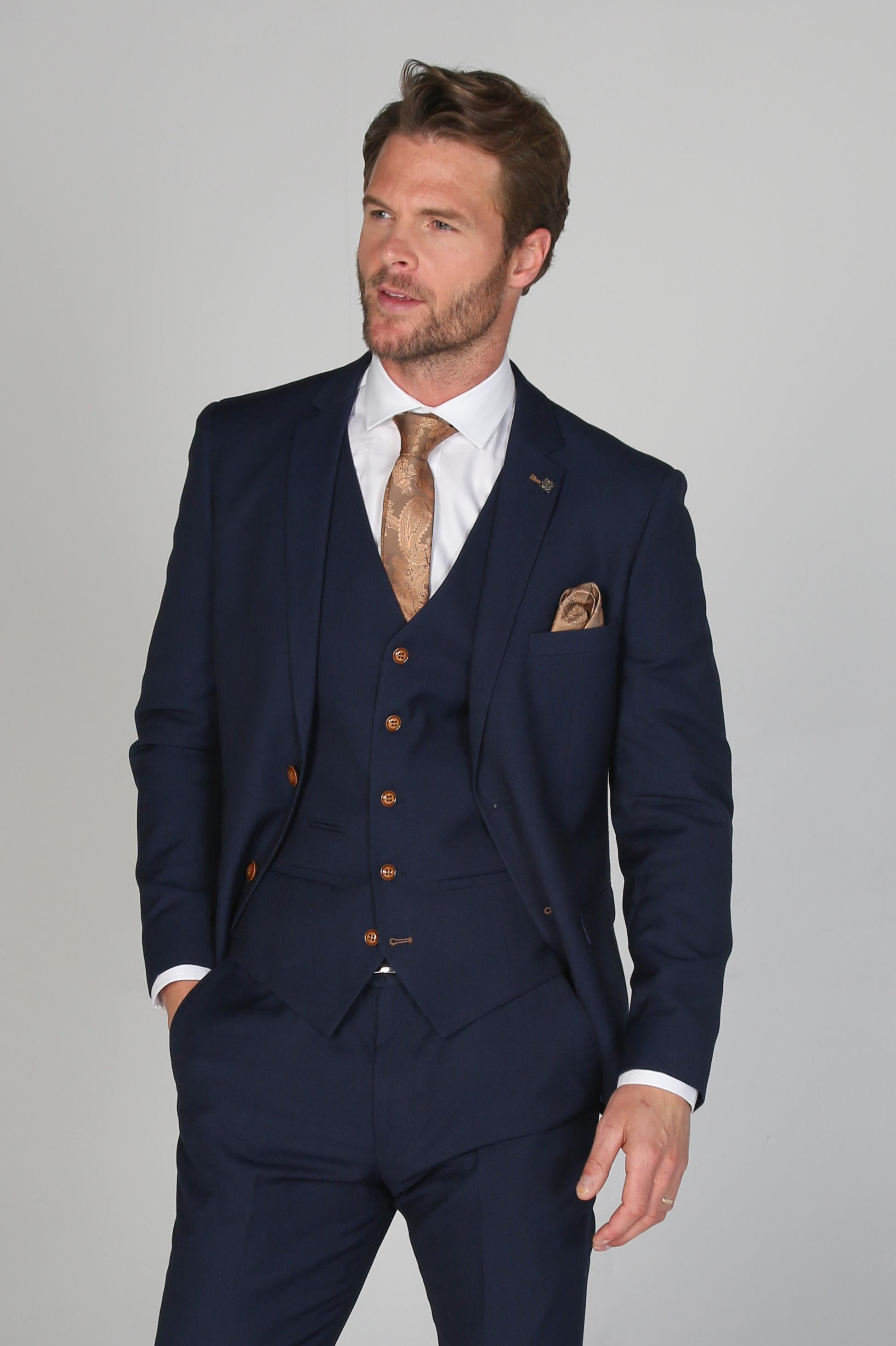 Mens navy tailored fit suit jacket MAYFAIR displayed on model