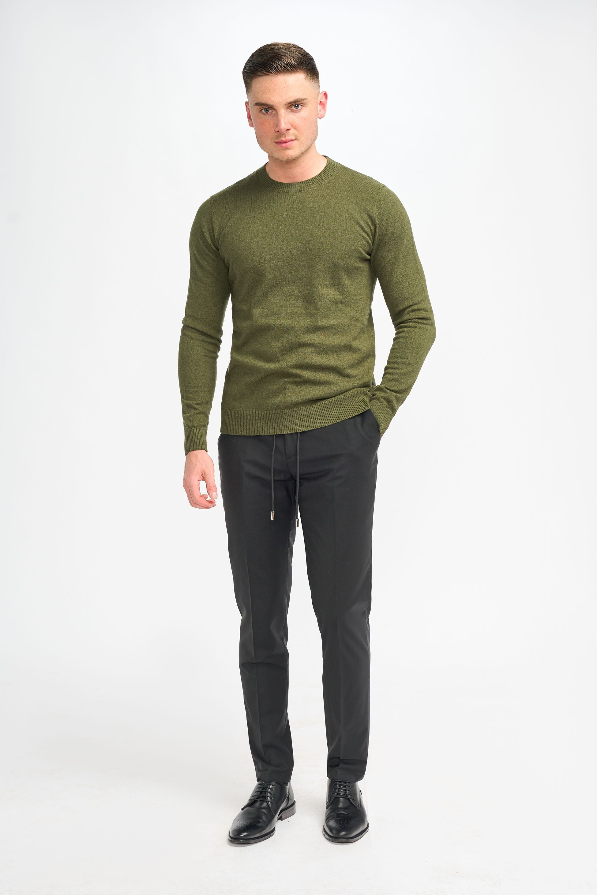 Mens Olive Green Wool Blend Knit Pullover Jumper CONNALL