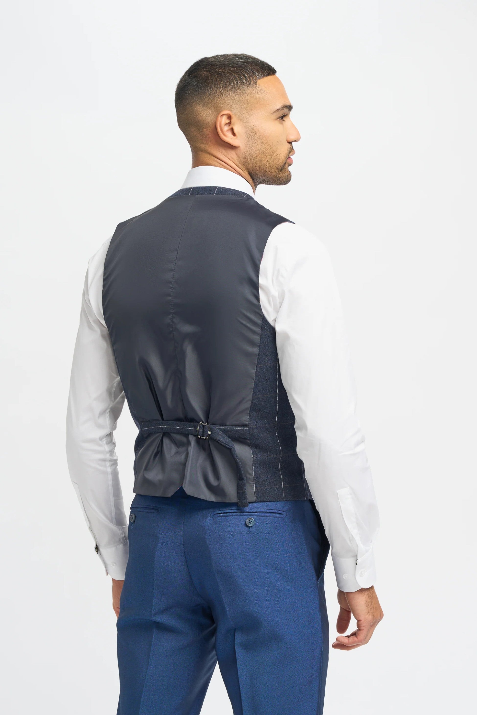 Royal Blue Men's 3-Piece Slim Fit Suit with Navy Blue Windowpane Check Tweed Waistcoat