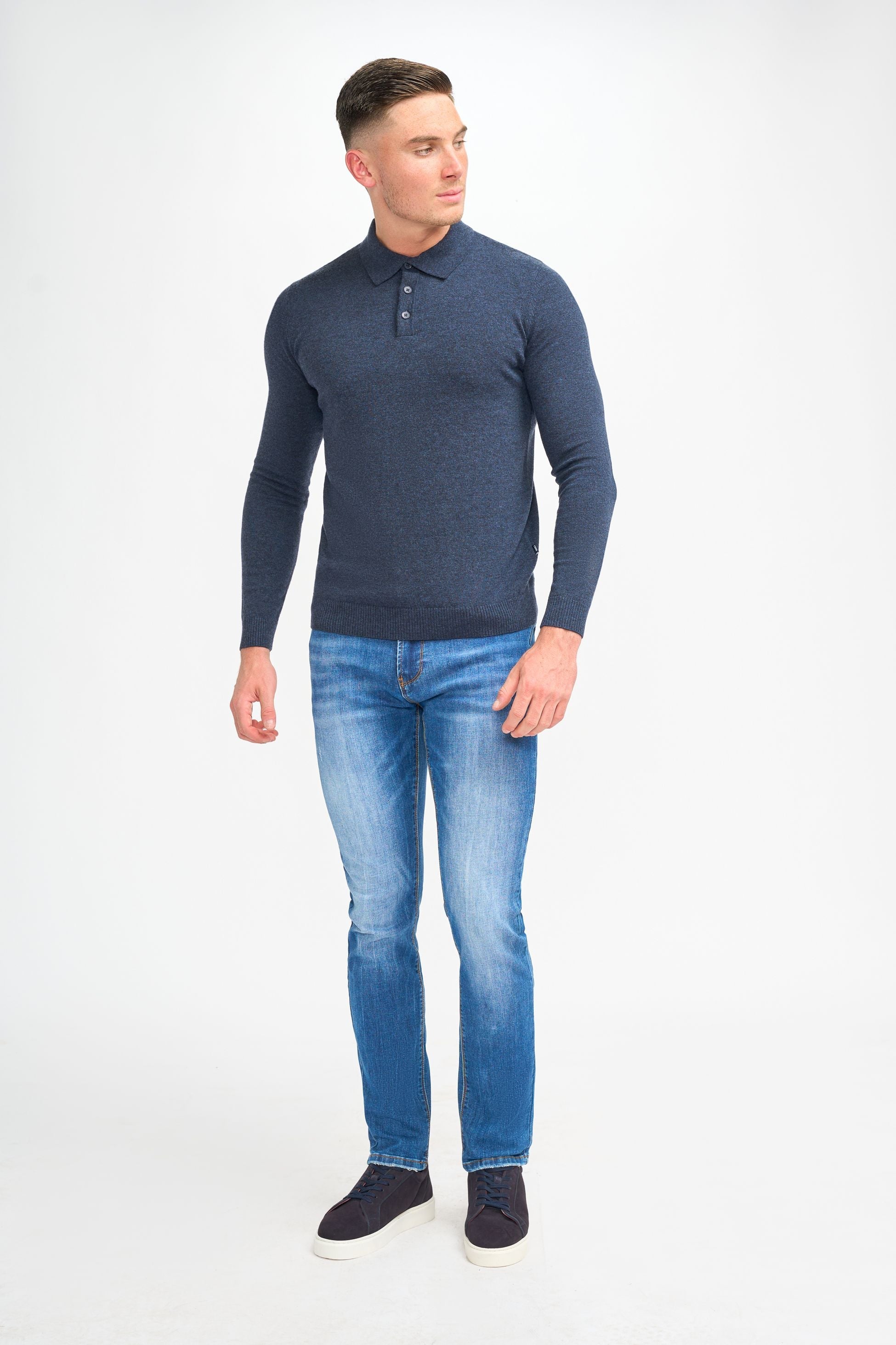 Mens Navy Blue Wool Knit Long Sleeve Polo Shirt BOOM