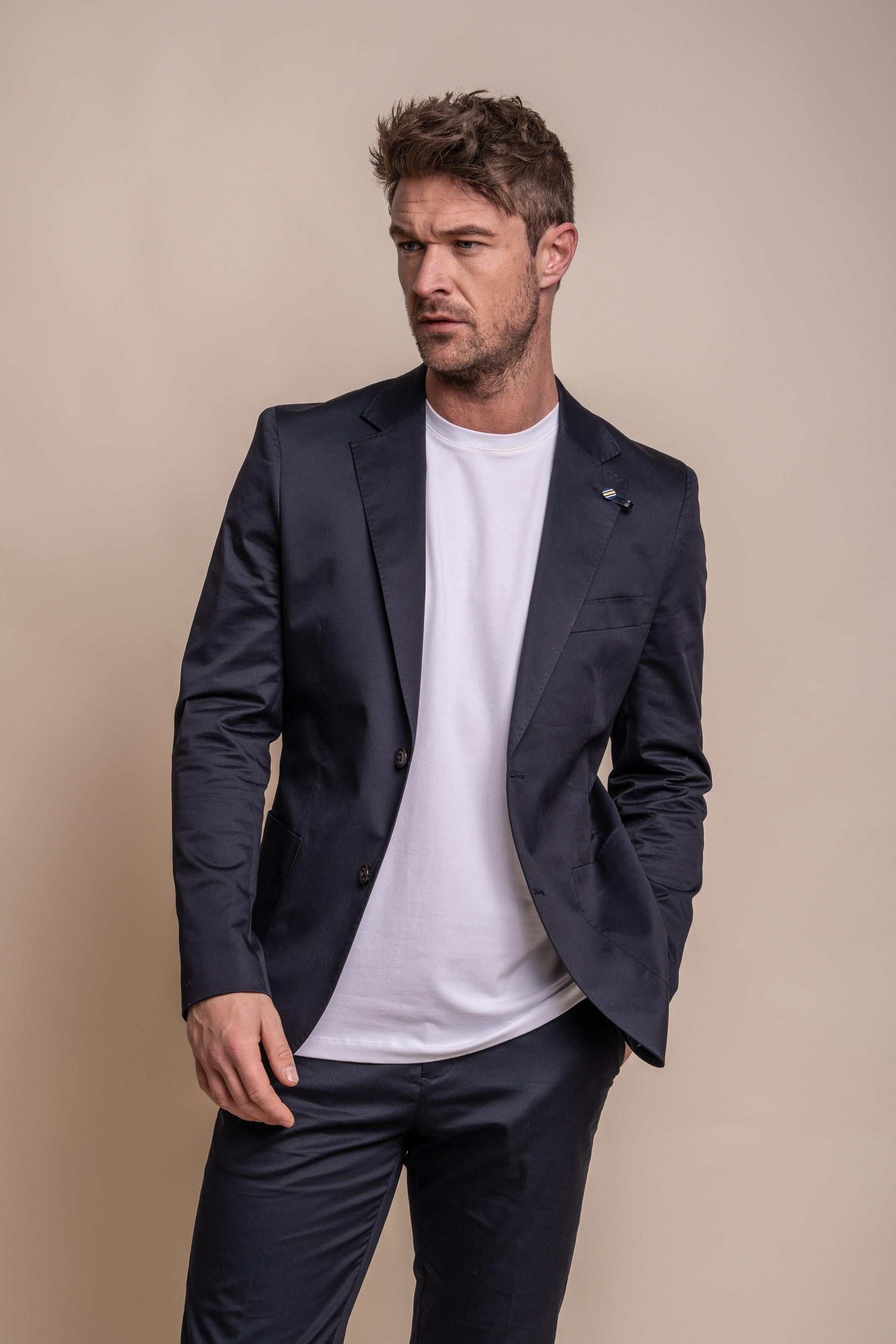Mens navy cotton slim fit formal suit jacket MARIO classic styling