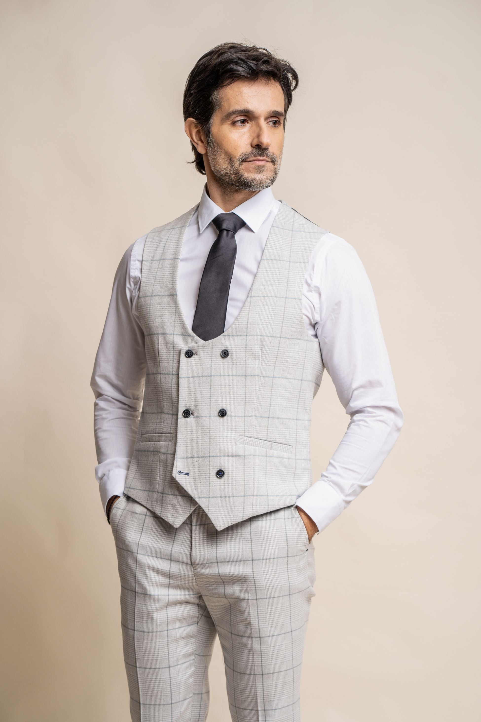 Mens light grey double breasted retro check waistcoat Radika