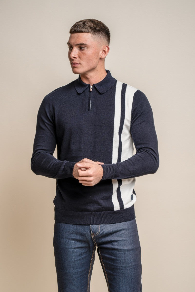Men’s cotton quarter-zip polo stripe jumper, casual