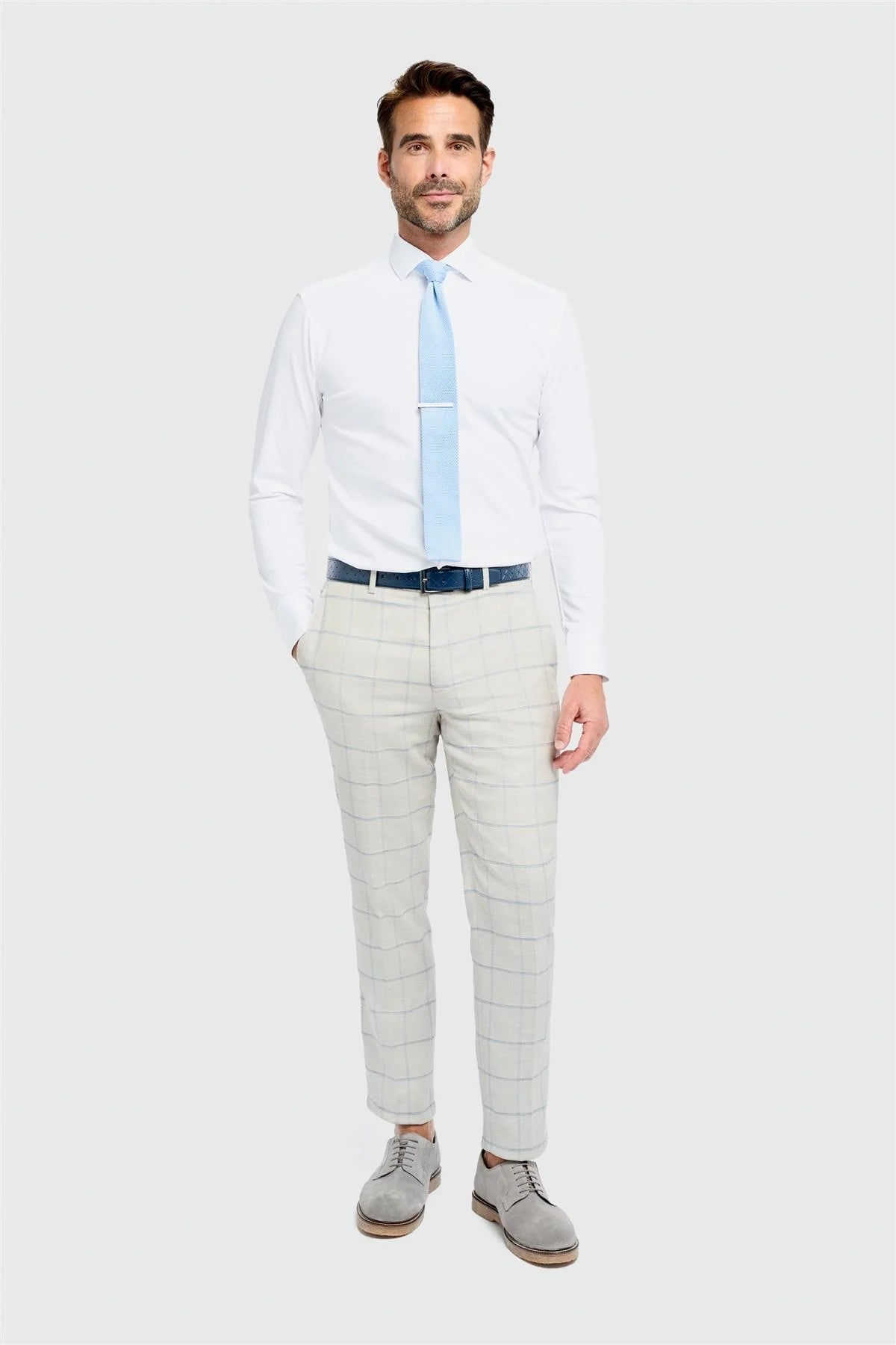 Men’s Windowpane Check Trousers - Gabriel - Light Grey