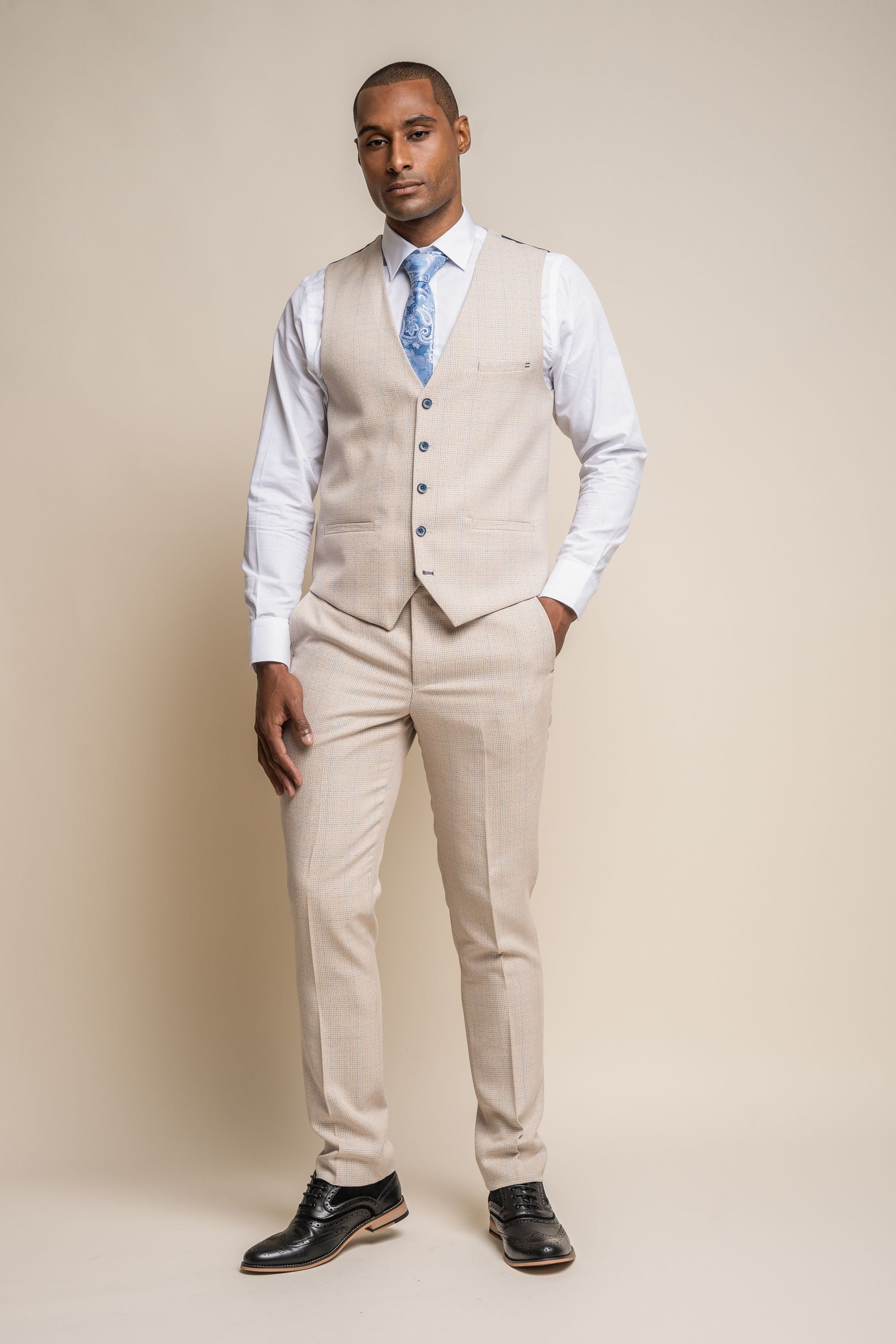 Mens Beige Tweed Glen Check Slim Fit Formal Waistcoat CARIDI