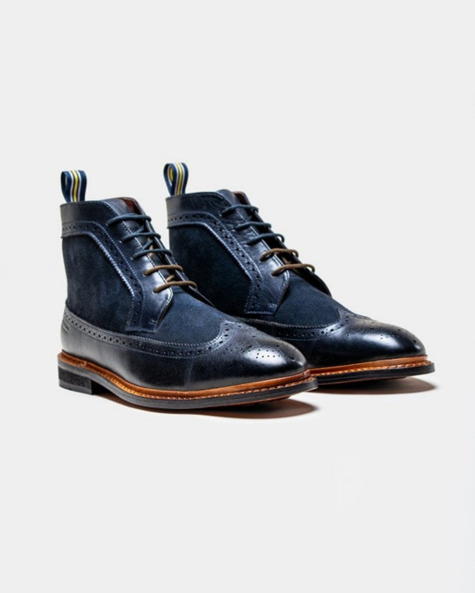 Men's navy blue genuine leather and suede brogue boots, BOSWORTH.