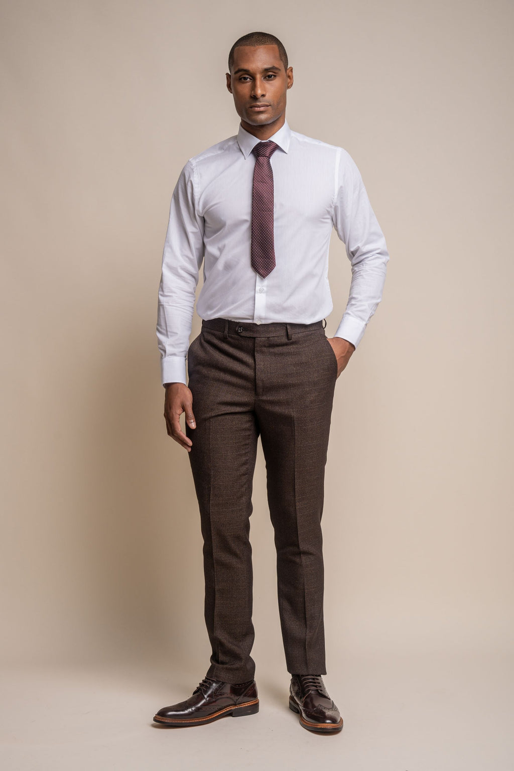 Men's Tweed Glen Check Slim Fit Trousers - CARIDI - Brown