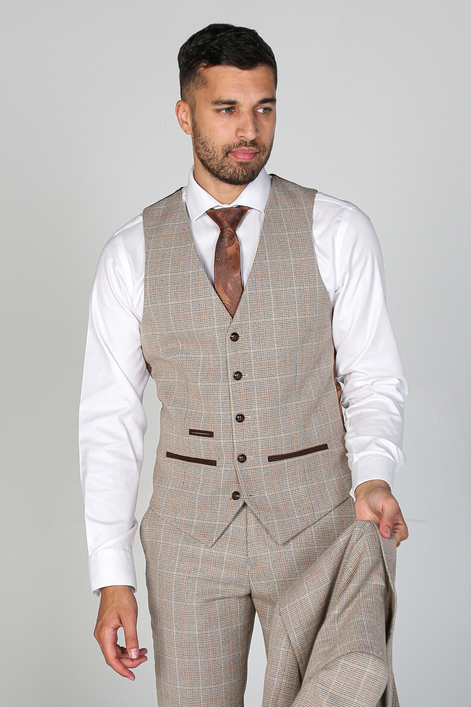 Mens beige glen check tweed waistcoat Holland