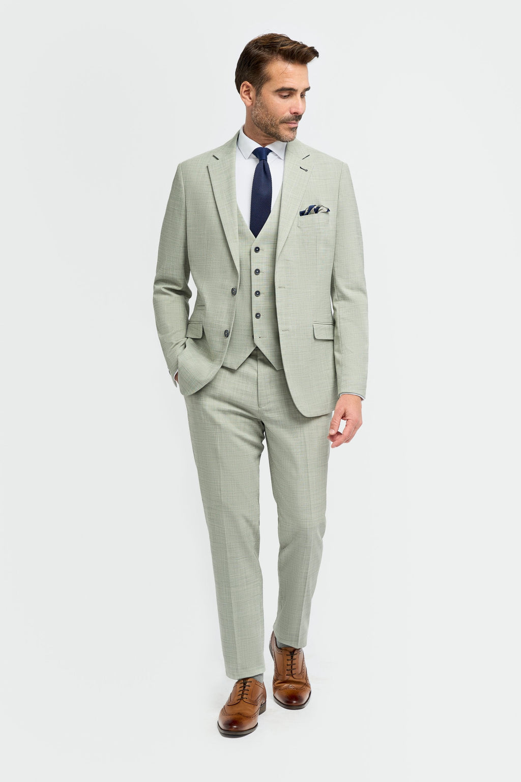 Mens Sage Green 3 Piece Textured Suit CAMDEN