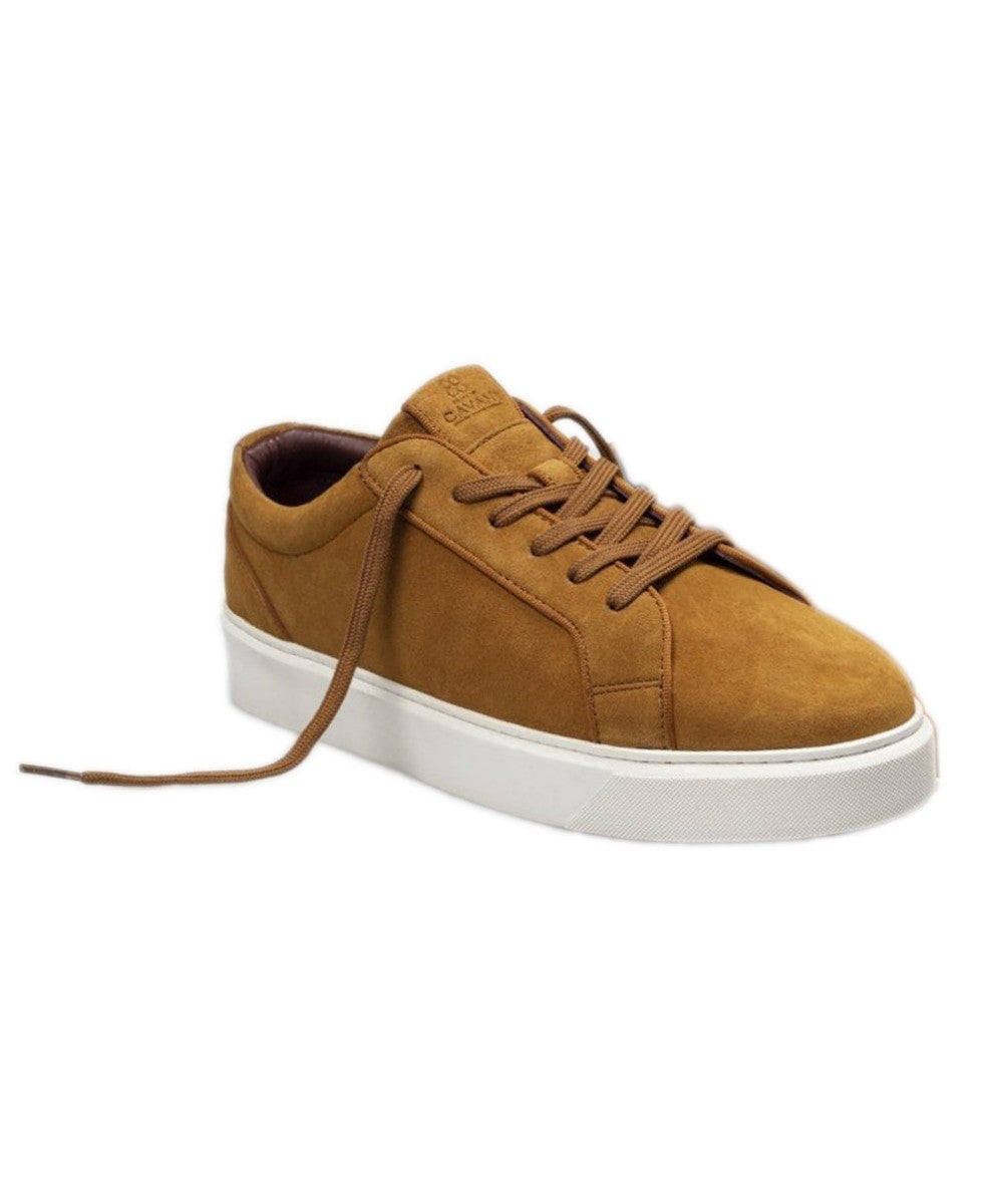 Men's mustard lace-up sneakers with thick rubber sole.