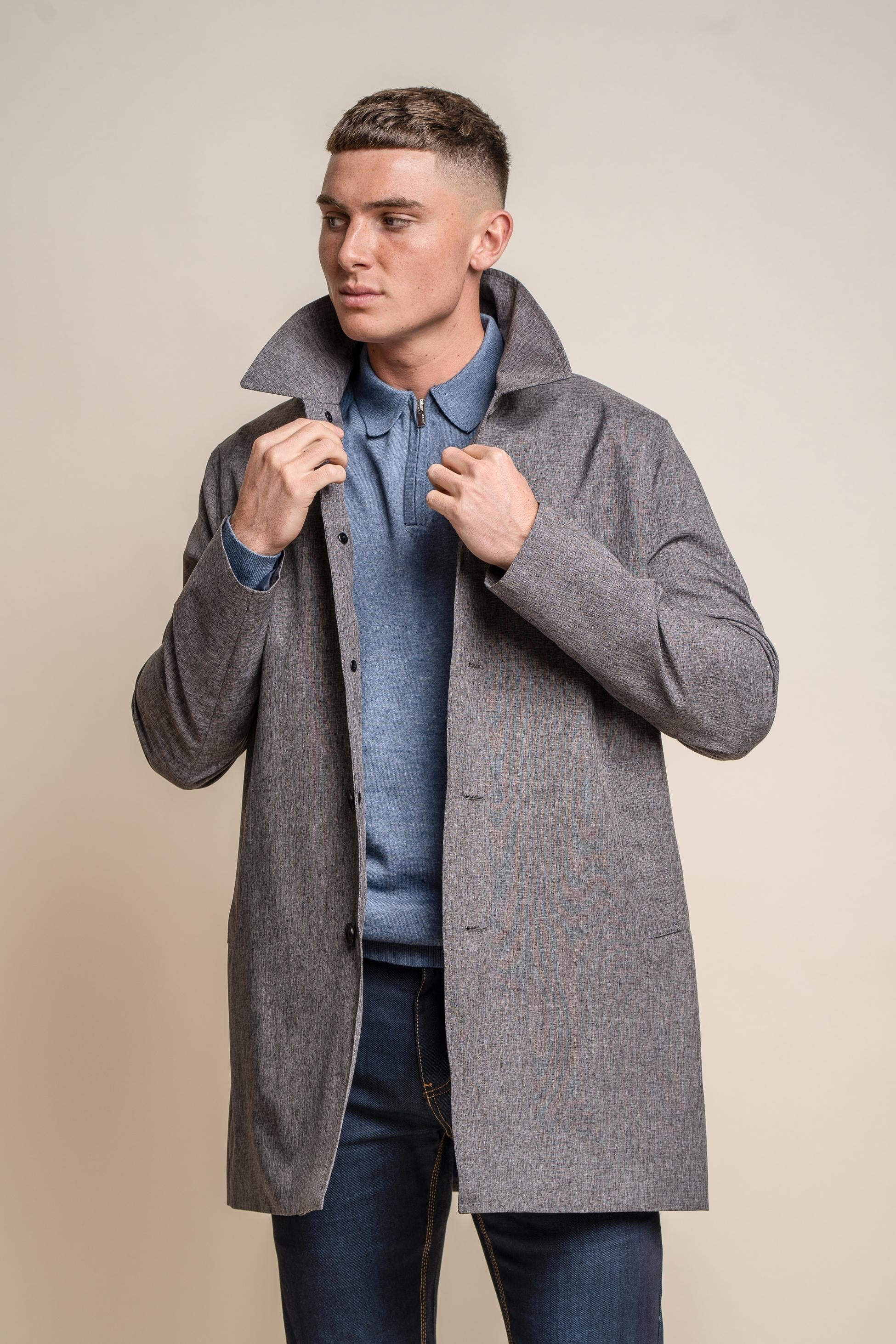 Men’s midi-length Geke coat with removable zipper in grey, BRANDO.