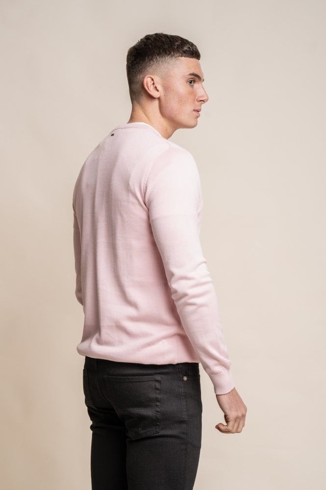 Mens Pink Cotton Slim Fit Crewneck Jumper