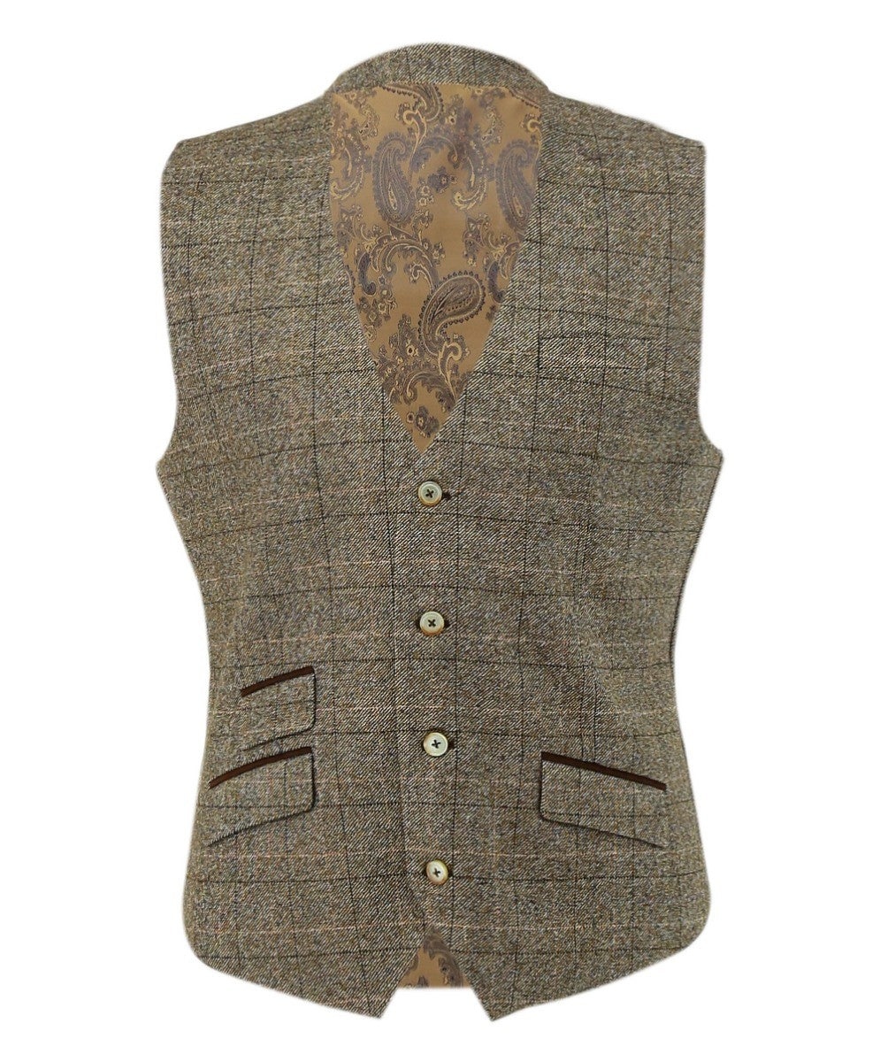 Mens Beige Tweed Windowpane Check Waistcoat LIAM