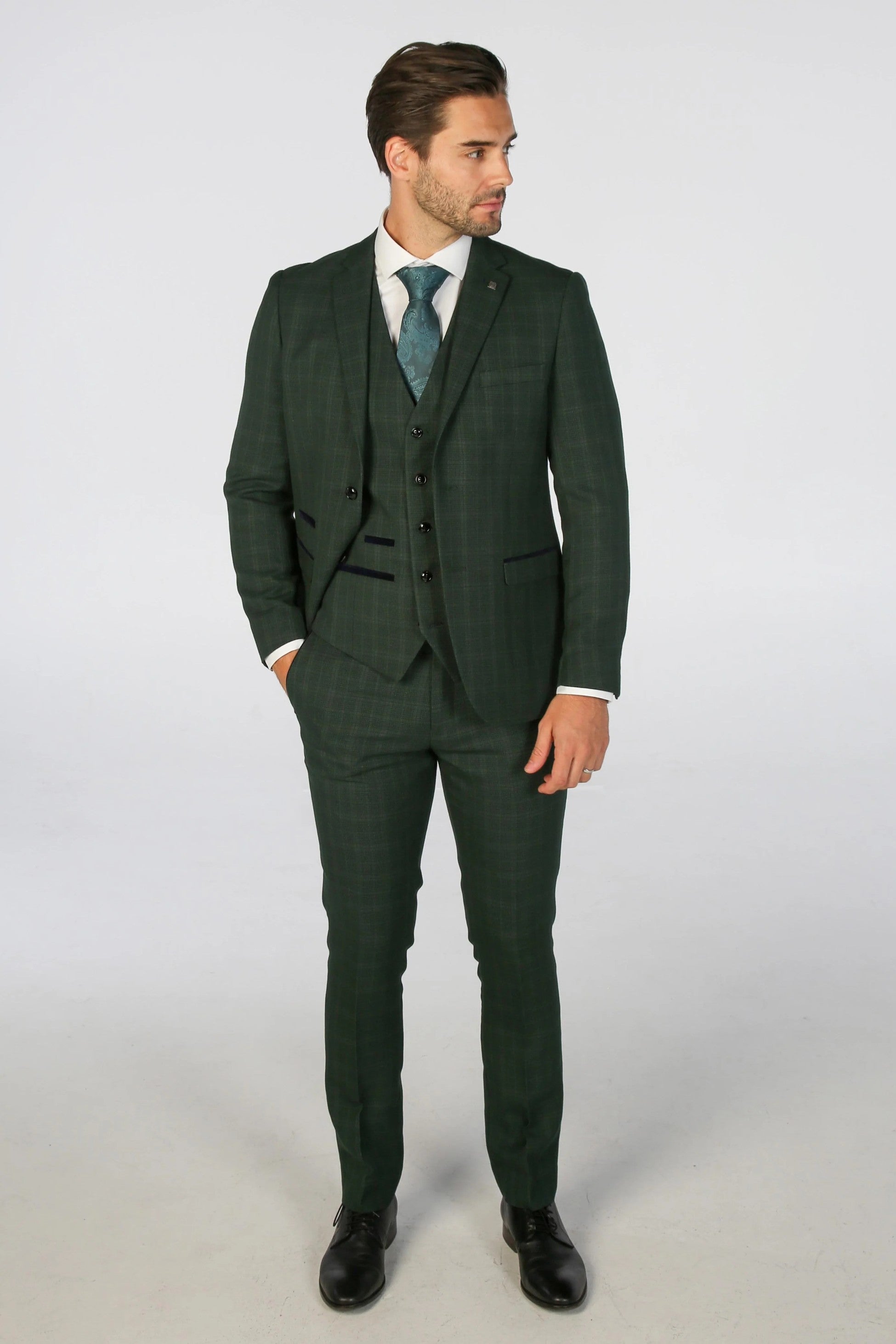 Mens Green Tailored Fit Check Suit LEO