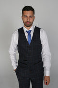 Mens navy windowpane tailored fit waistcoat Harvey