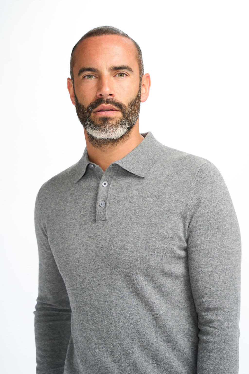 Mens Grey Wool Knit Long Sleeve Polo Shirt BOOM