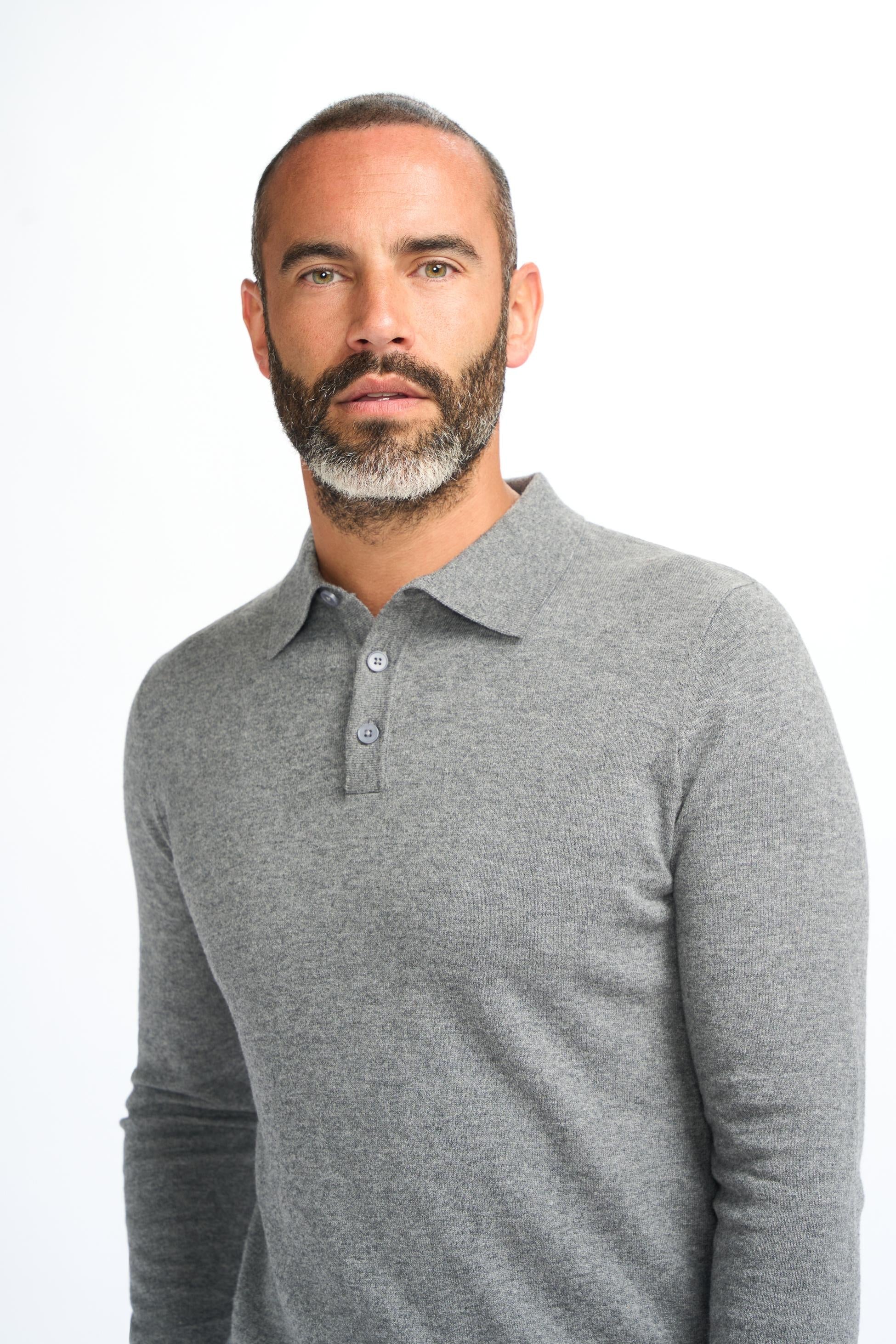 Mens Grey Wool Knit Long Sleeve Polo Shirt BOOM