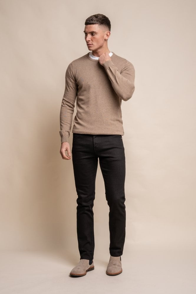 Mens Fawn Brown Cotton Slim Fit Crewneck Jumper