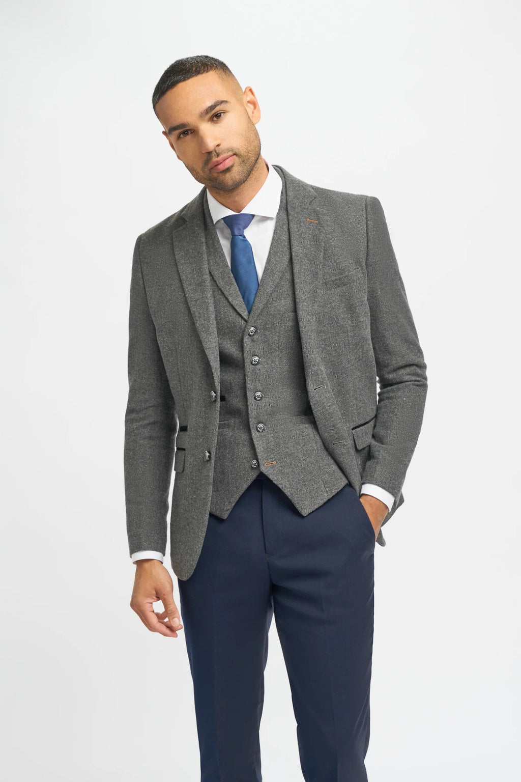 Grey Herringbone Tweed Men's Jacket and Waistcoat with Slim Fit Navy Blue Trousers