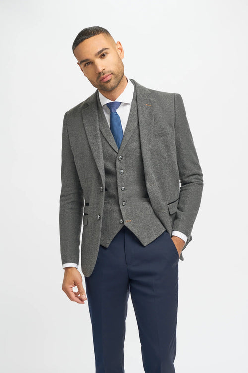 Grey Herringbone Tweed Men's Jacket and Waistcoat with Slim Fit Navy Blue Trousers