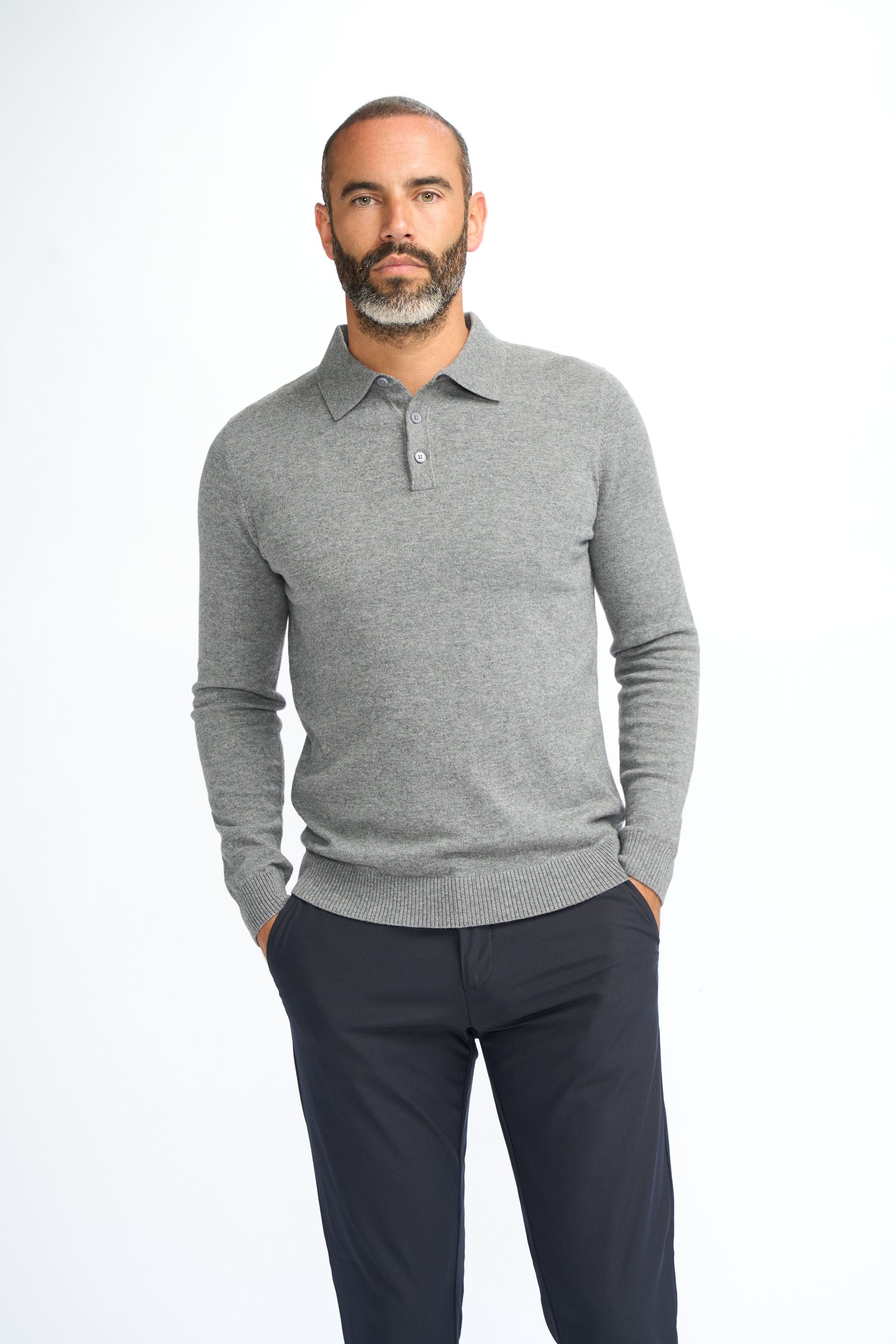 Mens Grey Wool Knit Long Sleeve Polo Shirt BOOM