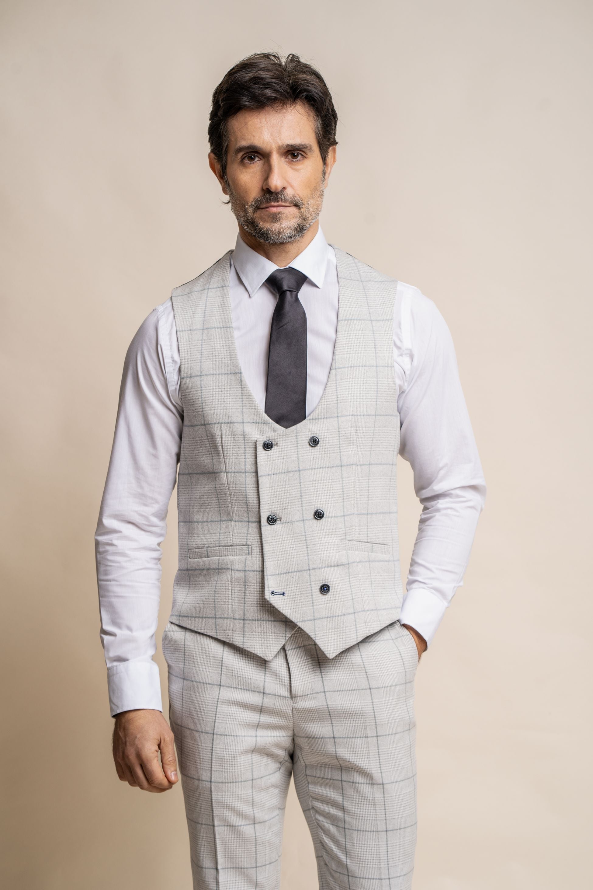 Mens Light Grey Double Breasted Retro Check Waistcoat RADIKA