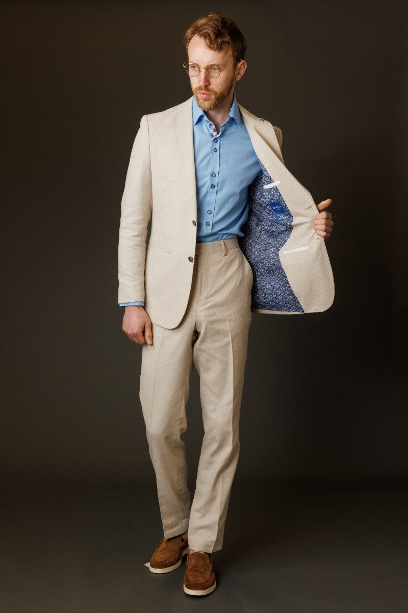 GIOVANNI Cream Men's Cotton Blend Self Patterned Suit