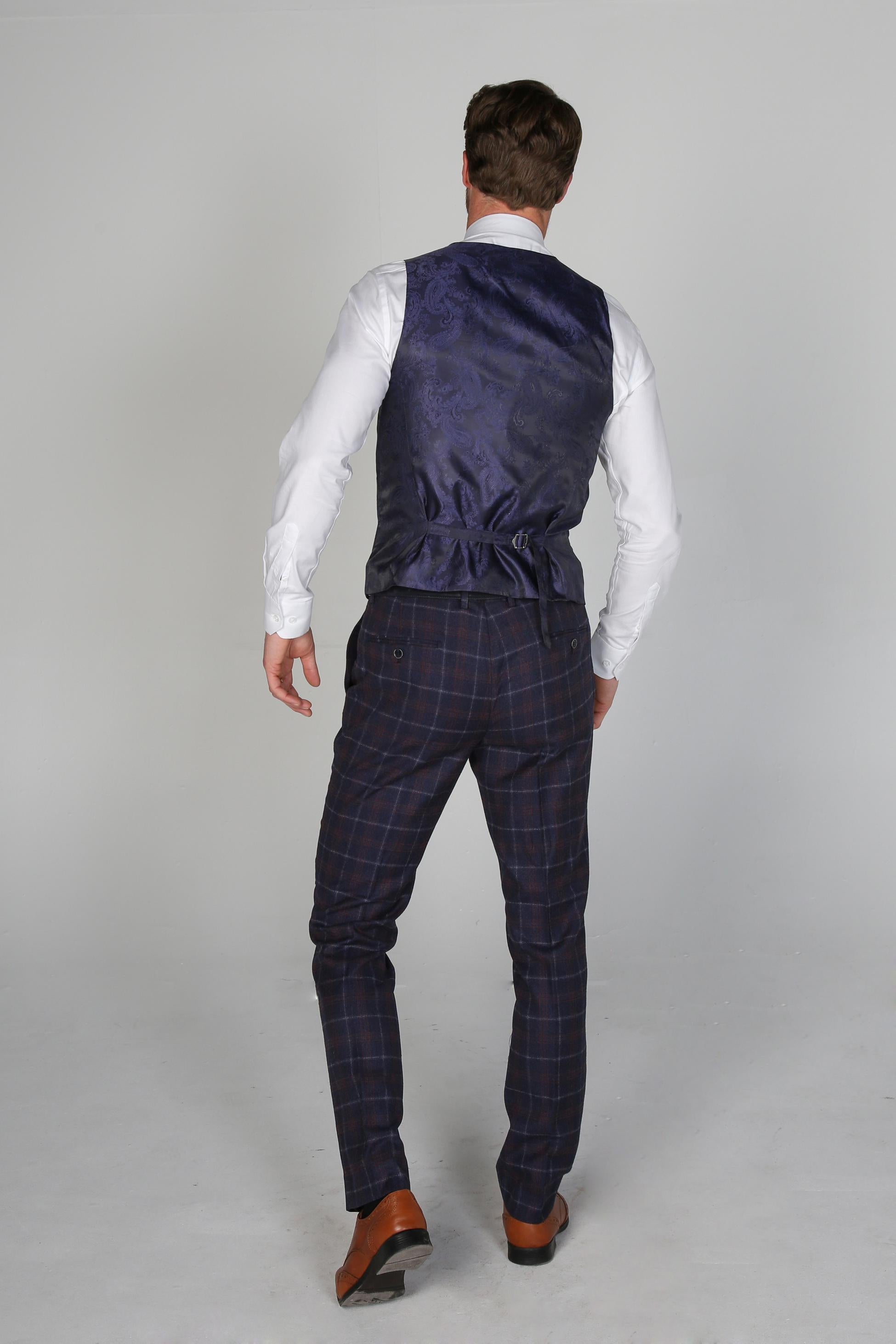 KENNETH Men’s Tailored Fit Retro Check Suit - Navy/Maroon