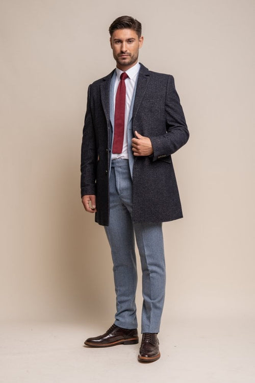 Men's azure blue wool midi coat, ROMAN.