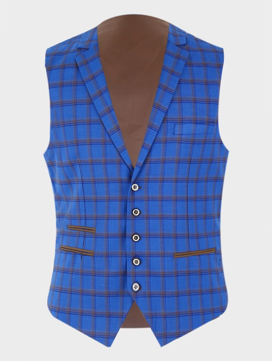 Mens Royal Blue Slim Fit Retro Check Blazer and Waistcoat GRAVANO