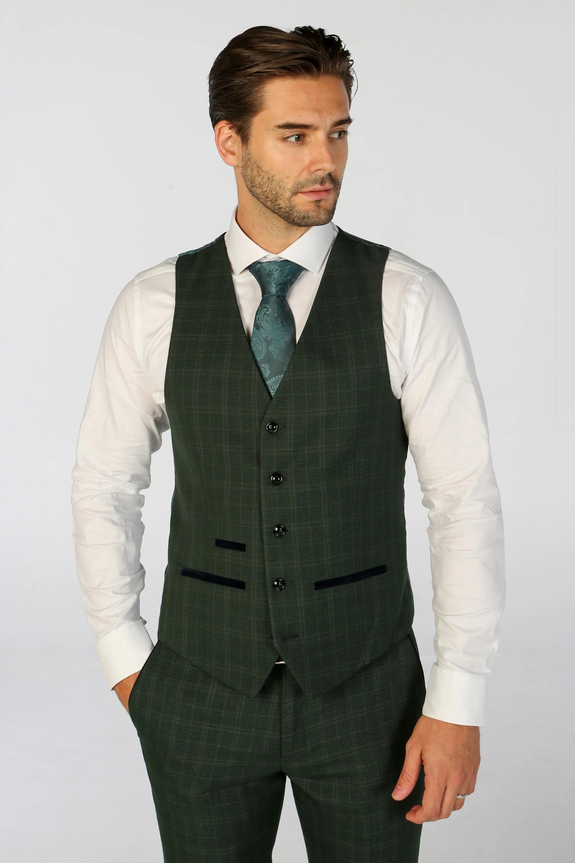 Mens green tailored fit check waistcoat Leo