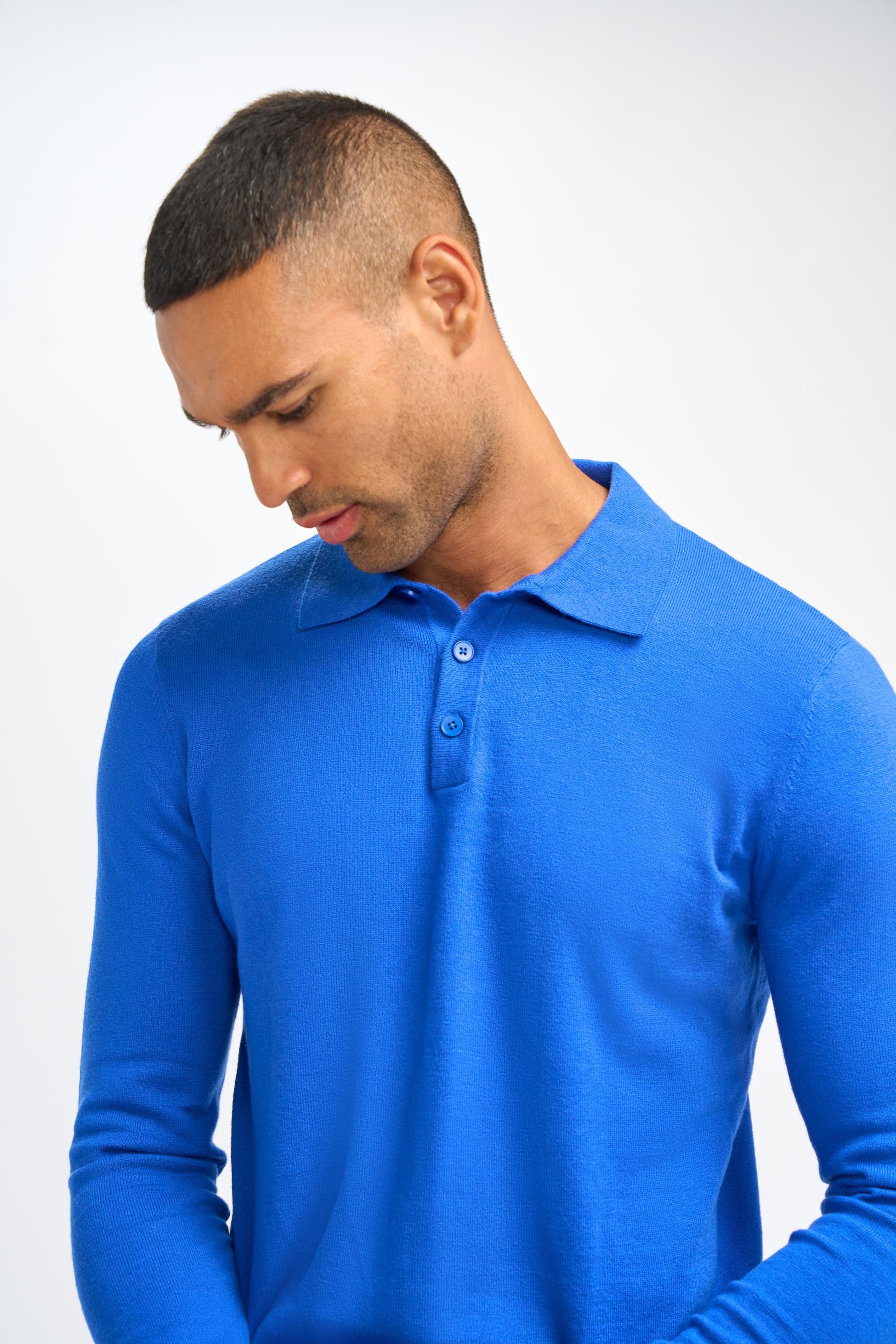 Mens Electric Blue Wool Knit Long Sleeve Polo Shirt BOOM