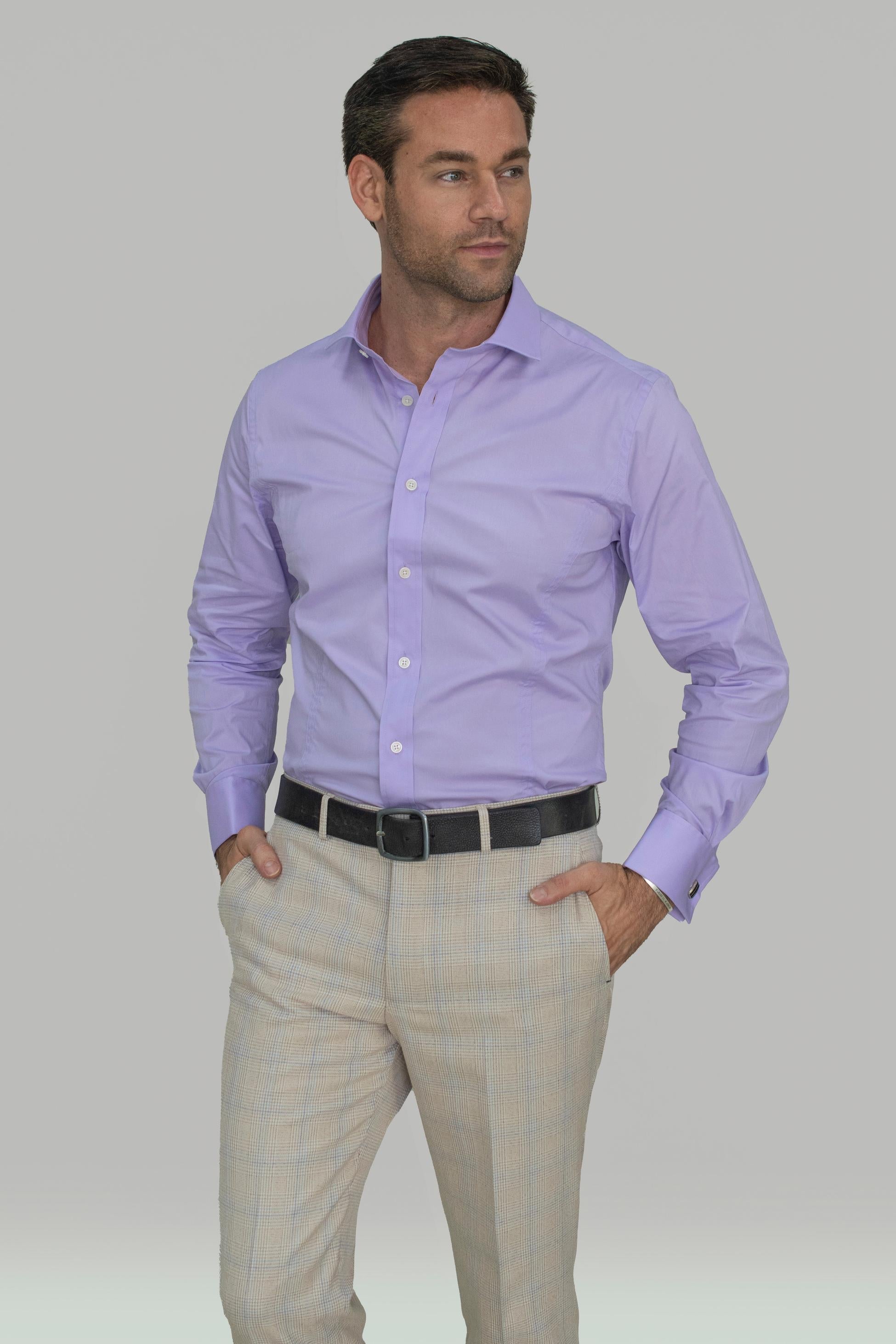 Men’s double cuff slim fit formal shirt lilac sky white