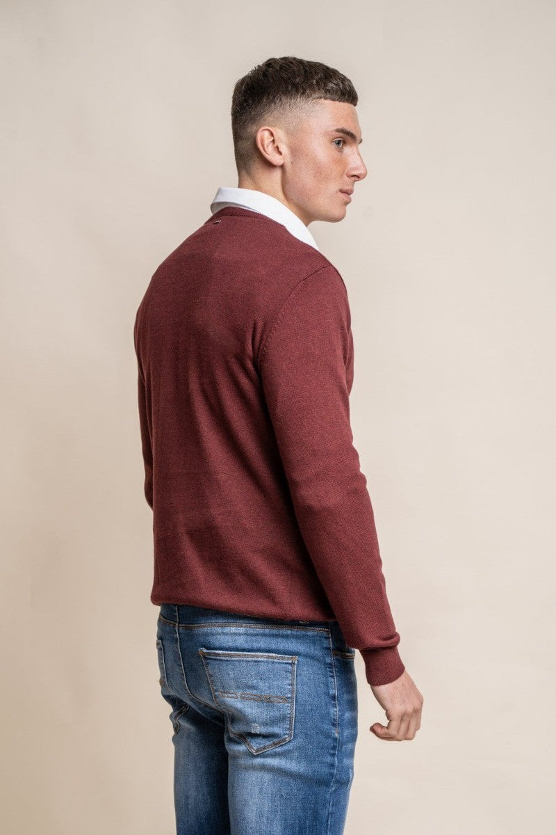 Mens Wine Cotton Slim Fit Crewneck Jumper
