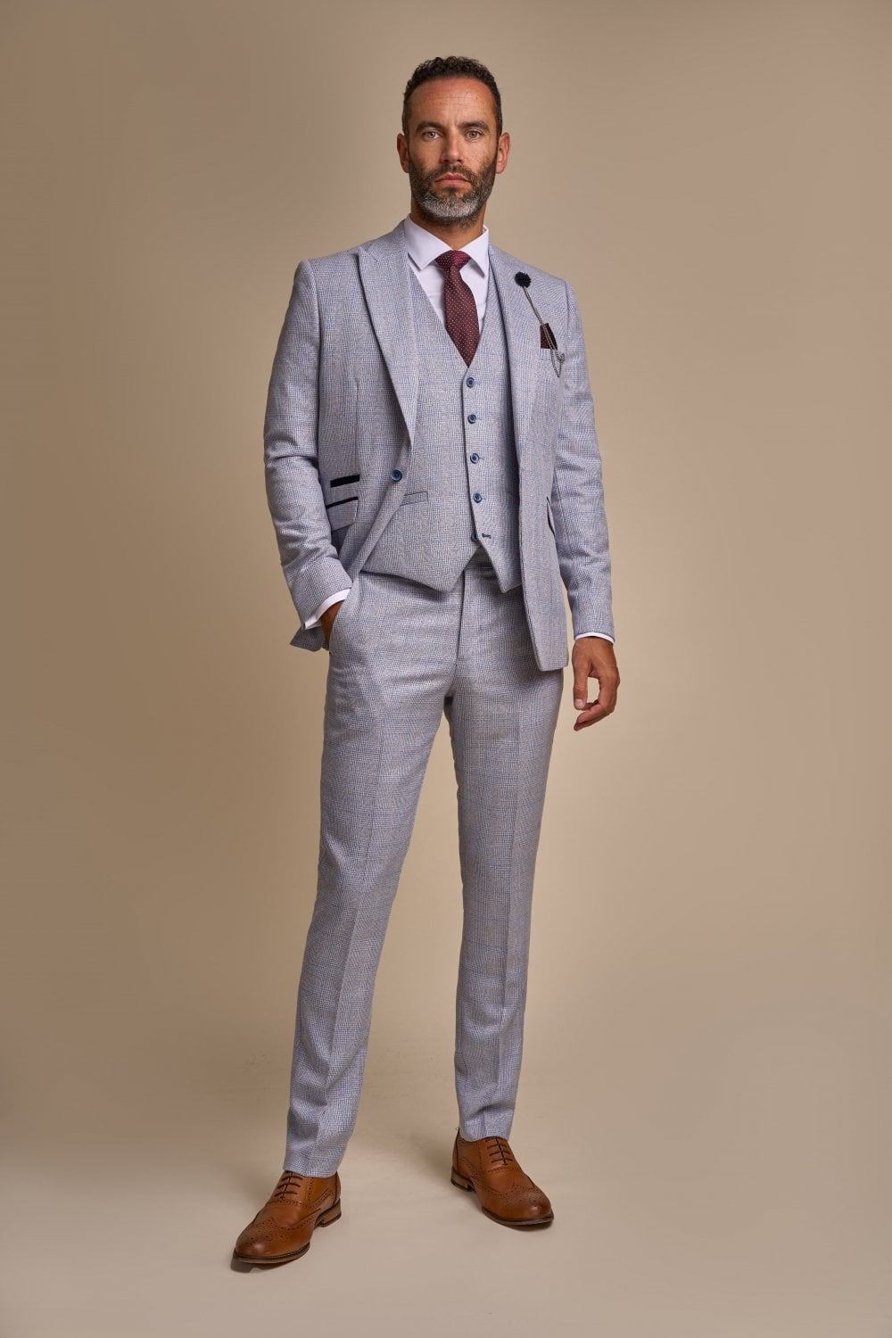 Mens Sky Blue Tweed Glen Check Slim Fit Suit CARIDI