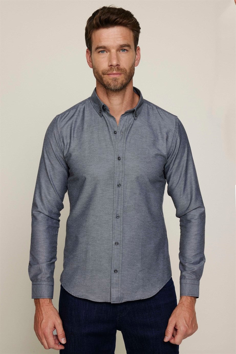 Mens Gabardin Grey Slim Fit Cotton Oxford Button Down Shirt