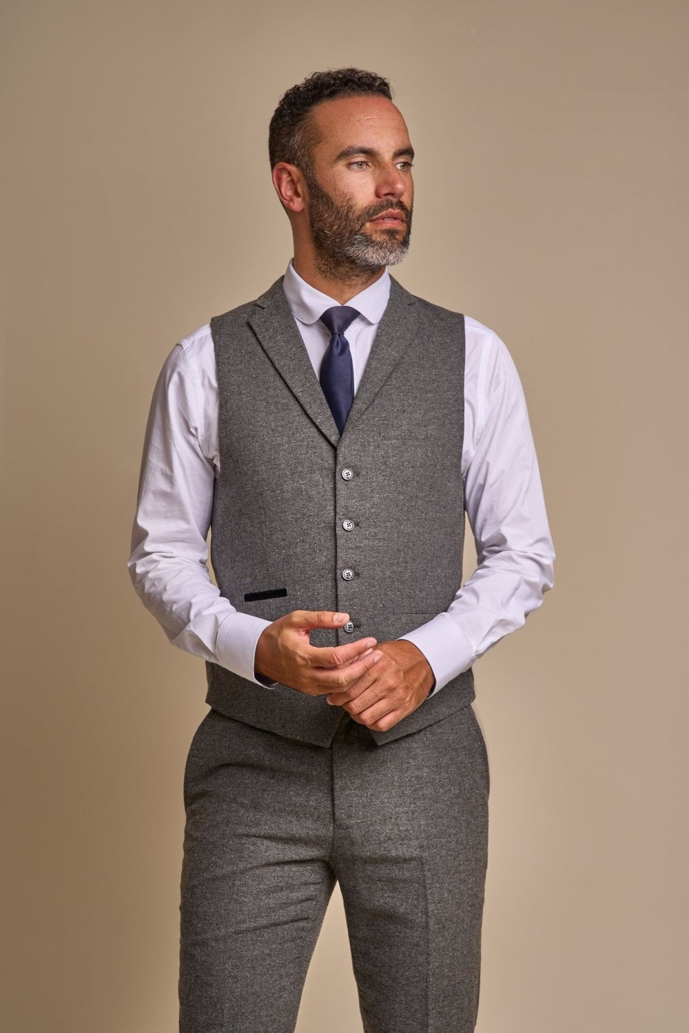 Mens grey herringbone tweed slim fit waistcoat Martez